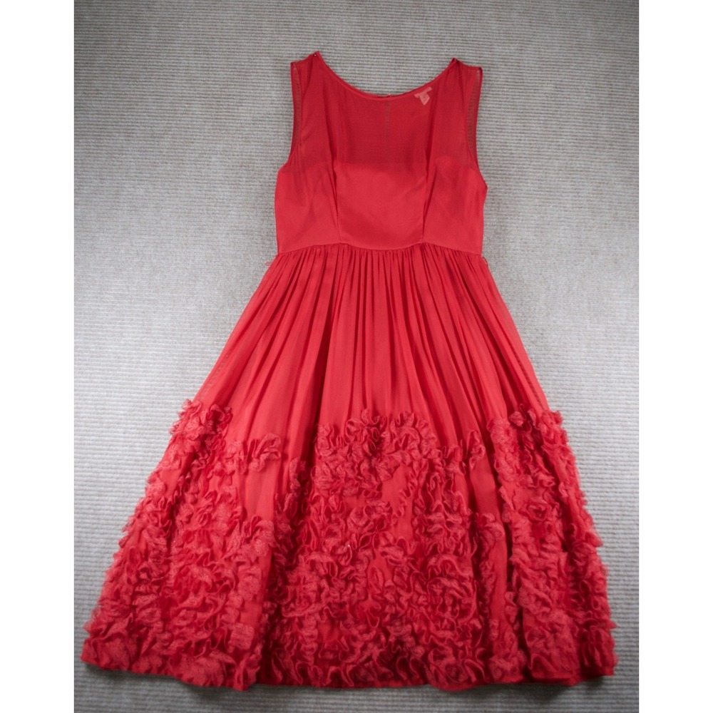 Anthropologie Tiny Caridad Ruffled Dress Red Rosette Mesh Silk Flaw Size 4